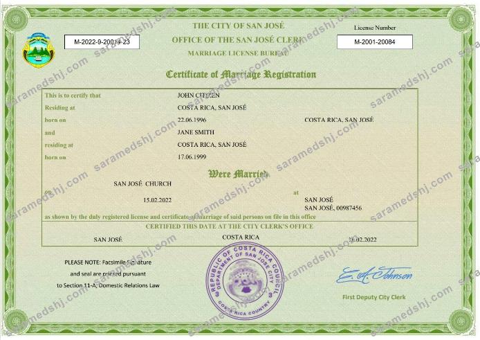 Costa Rica marriage certificate Word and PDF template
